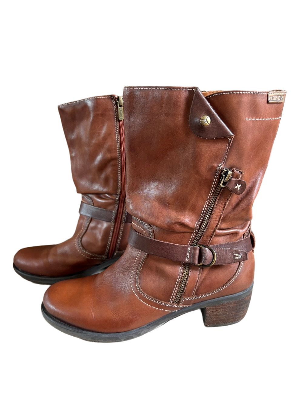 PIKOLINOS Cognac Brown Leather Mid-Calf Zip Heeled Boots Sz 40